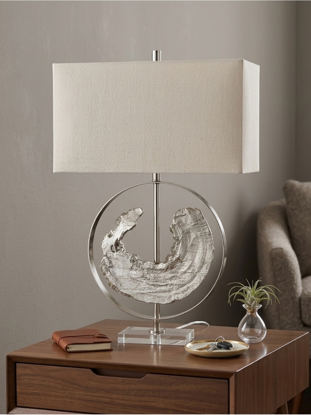 Set of Uttermost Silver Sculptural Circle Table Lamps with Cream Shade
